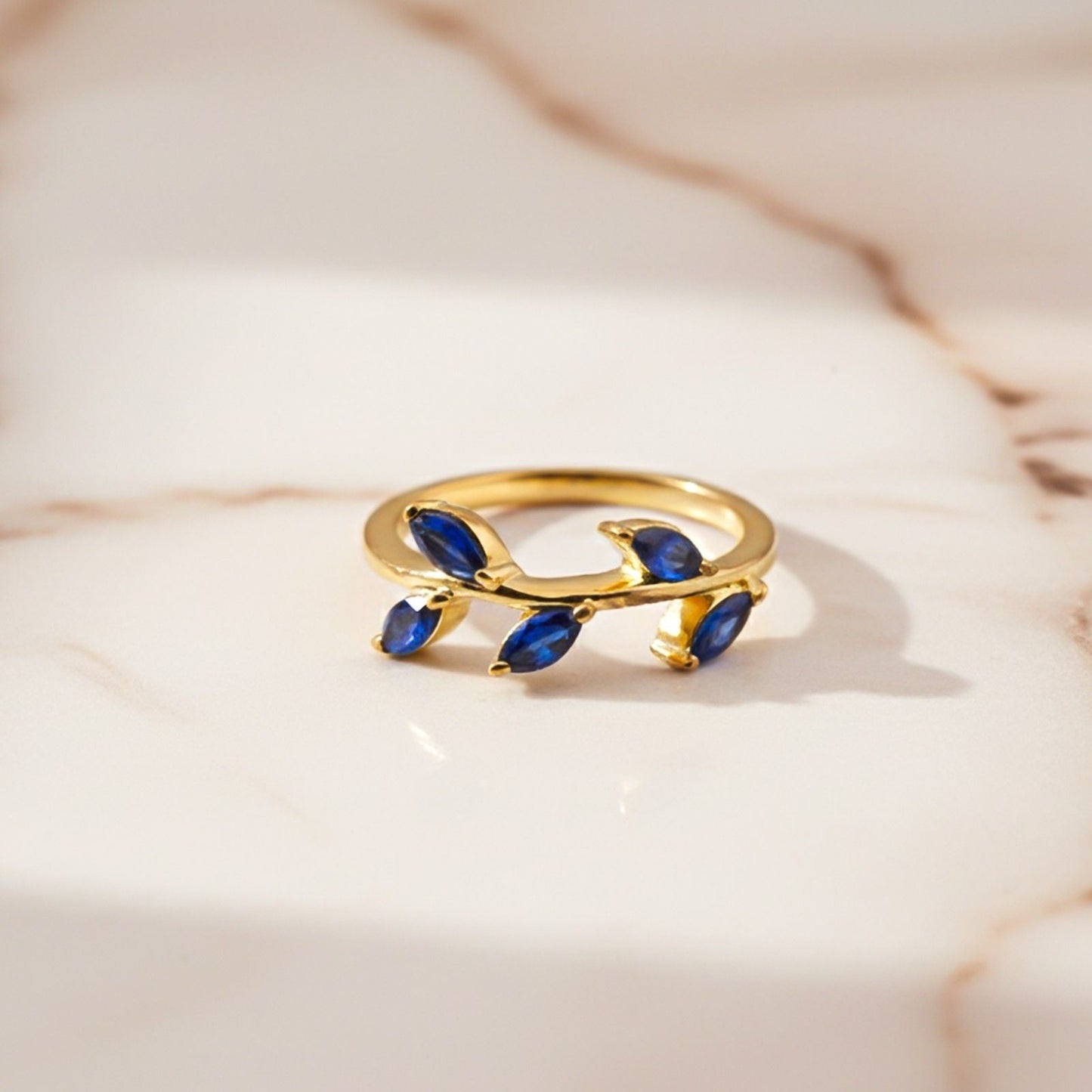 Silver Marquise Blue Sapphire Leaf Ring