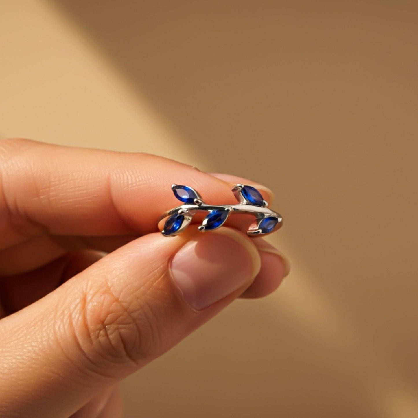 Silver Marquise Blue Sapphire Leaf Ring