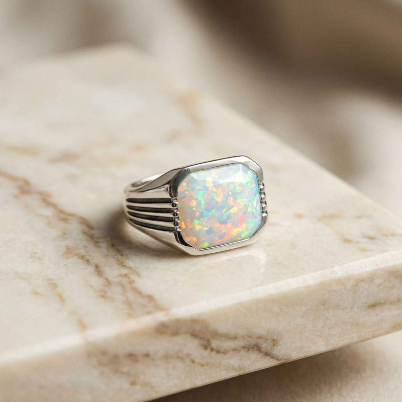 Silver Vintage Opal Signet Ring for Men