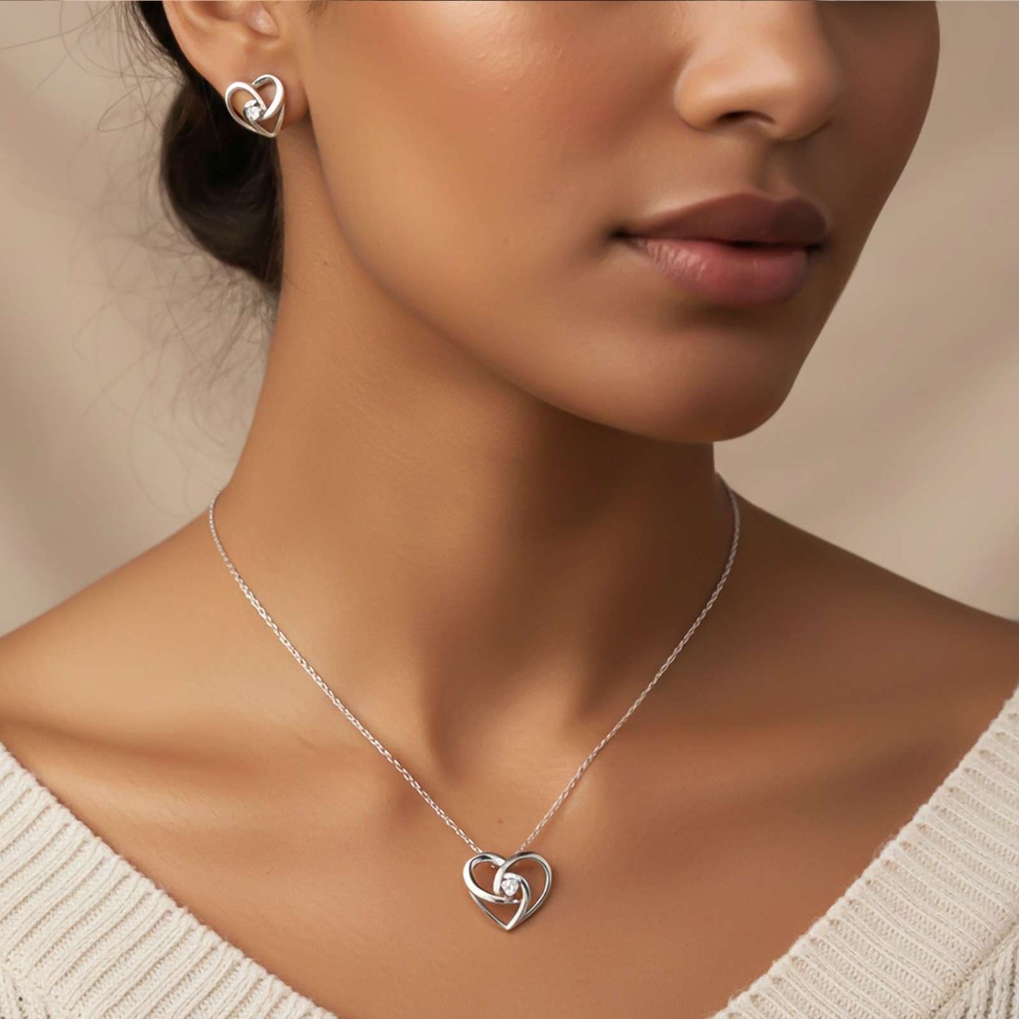 Silver Double Heart Twist Pendant & Earrings Set