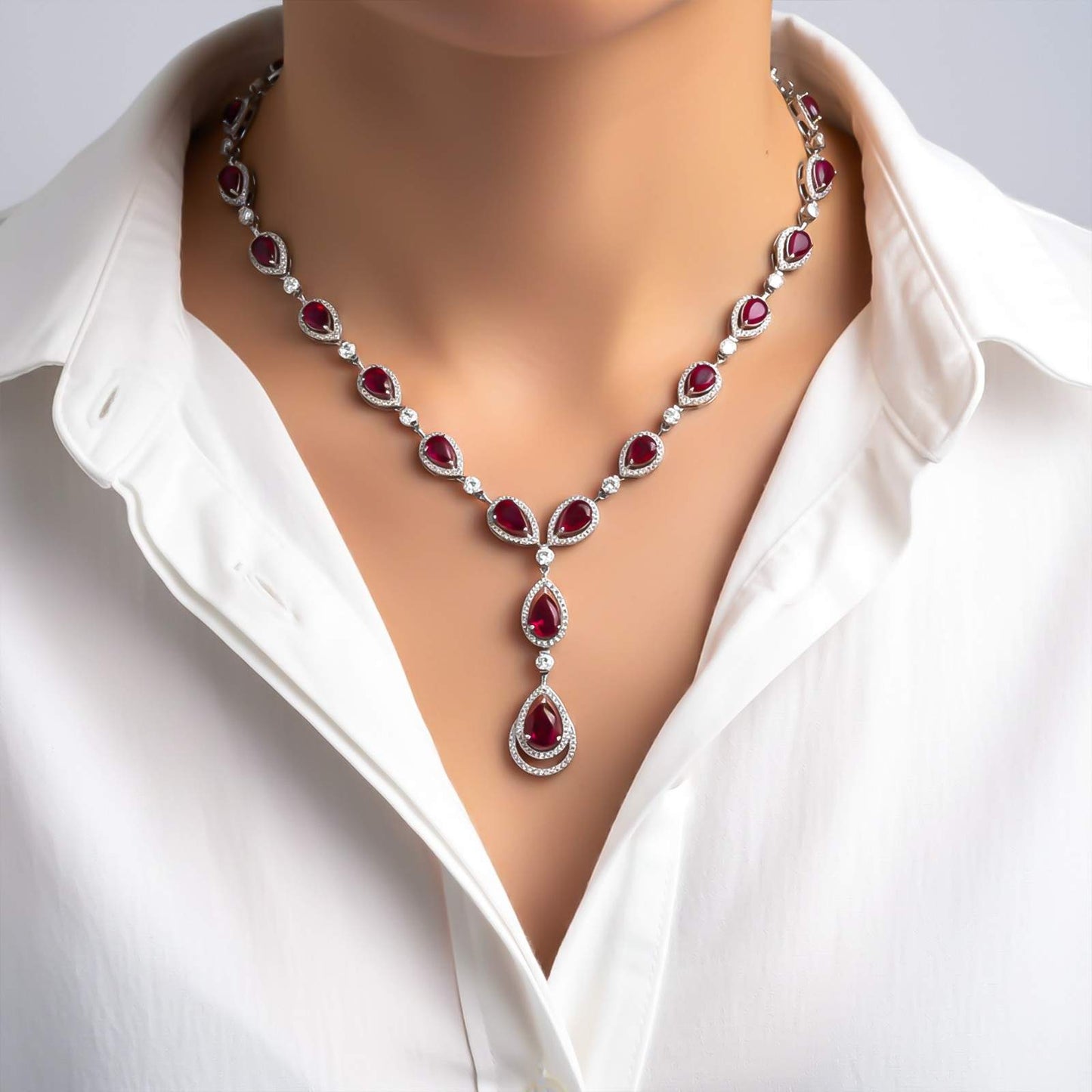 Silver Teardrop Ruby Elegance Necklace & Earrings Set