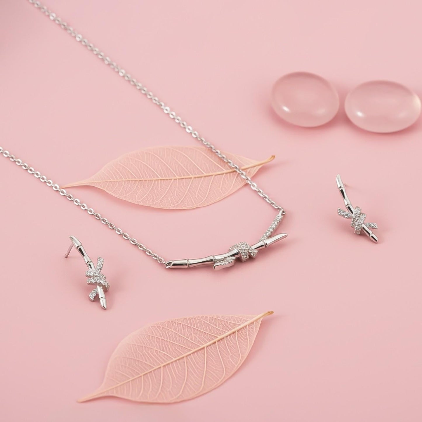 Silver Bamboo Knot Pendant & Earrings Set