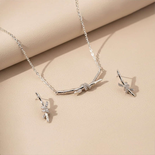 Silver Bamboo Knot Pendant & Earrings Set