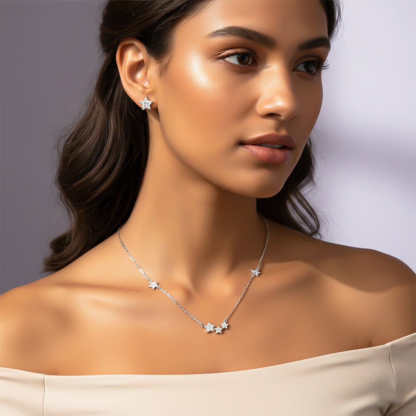 Silver Star Charm Necklace & Earrings Set