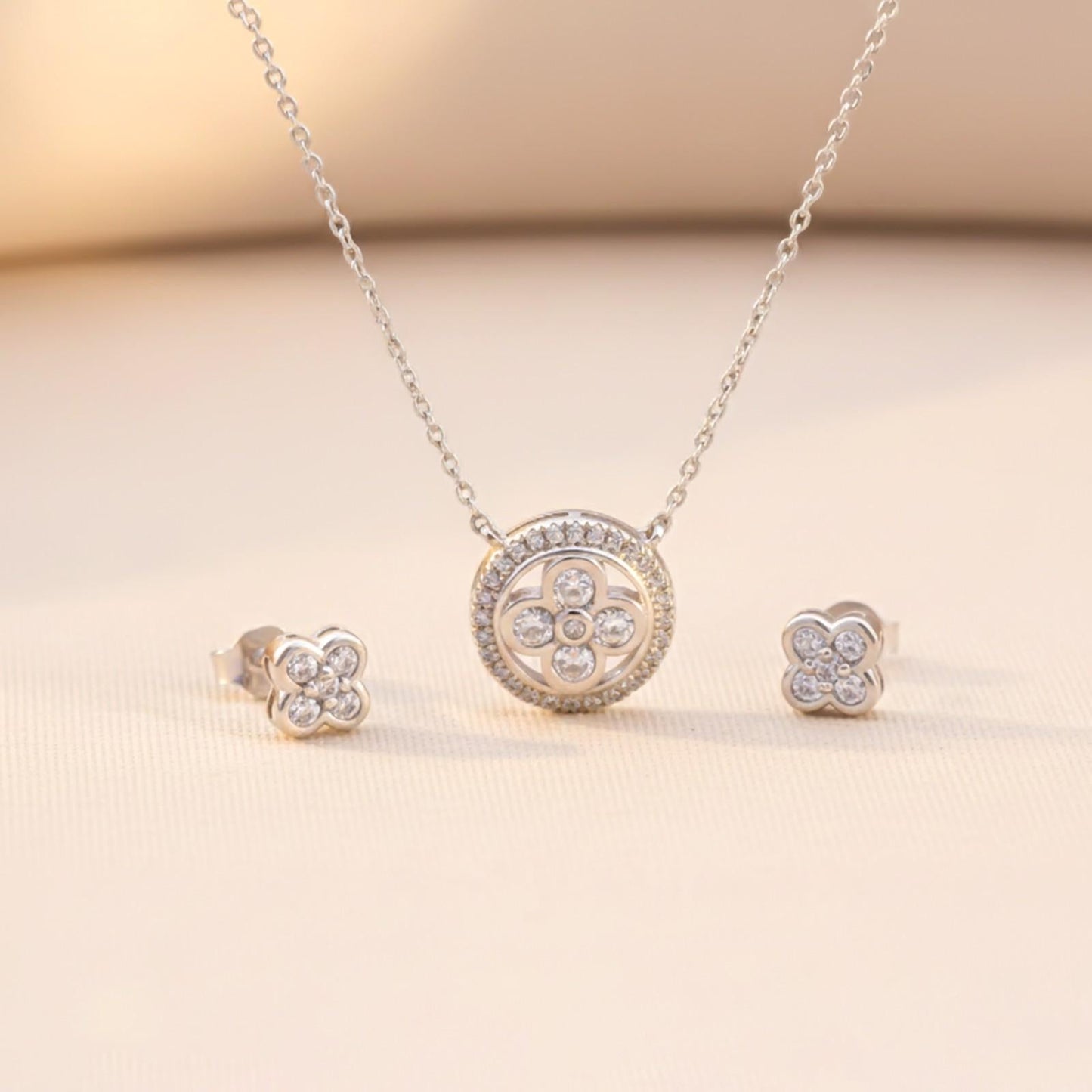 Silver Floral Halo Sparkle Necklace & Earrings Set