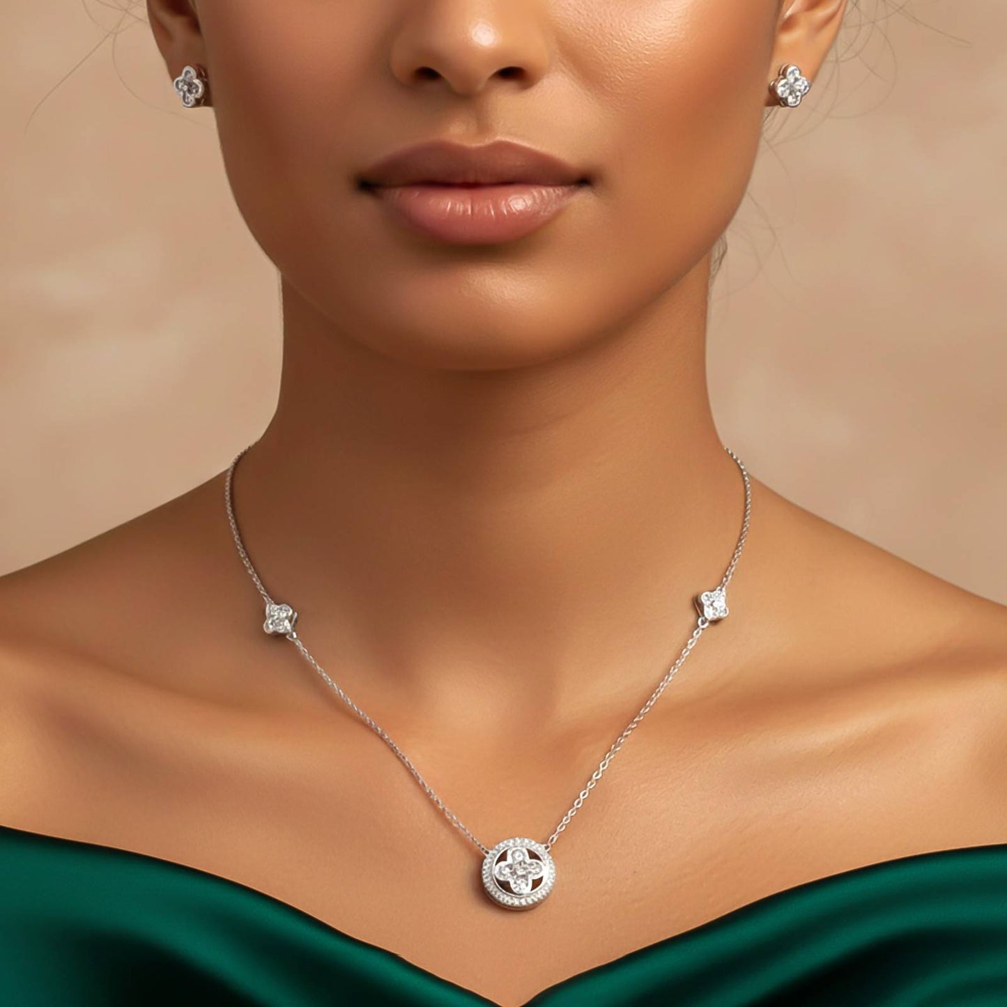 Silver Floral Halo Sparkle Necklace & Earrings Set