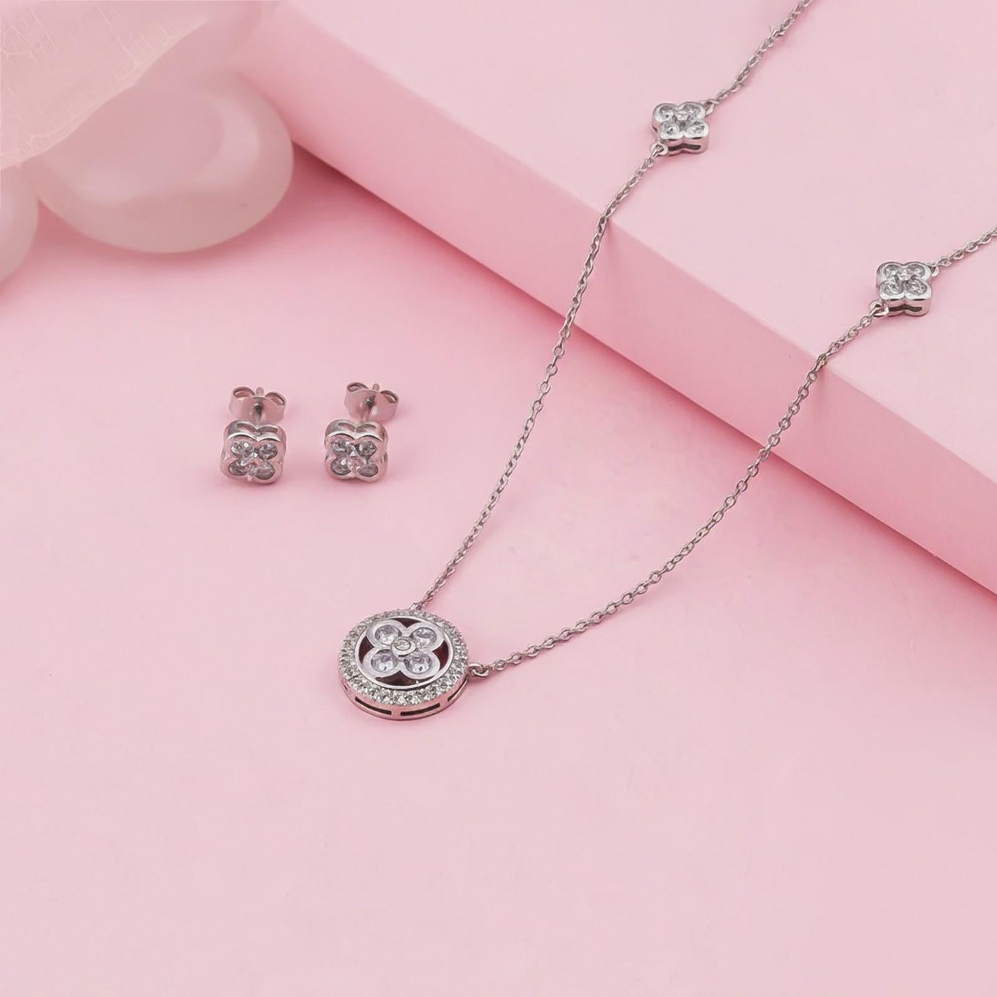 Silver Floral Halo Sparkle Necklace & Earrings Set
