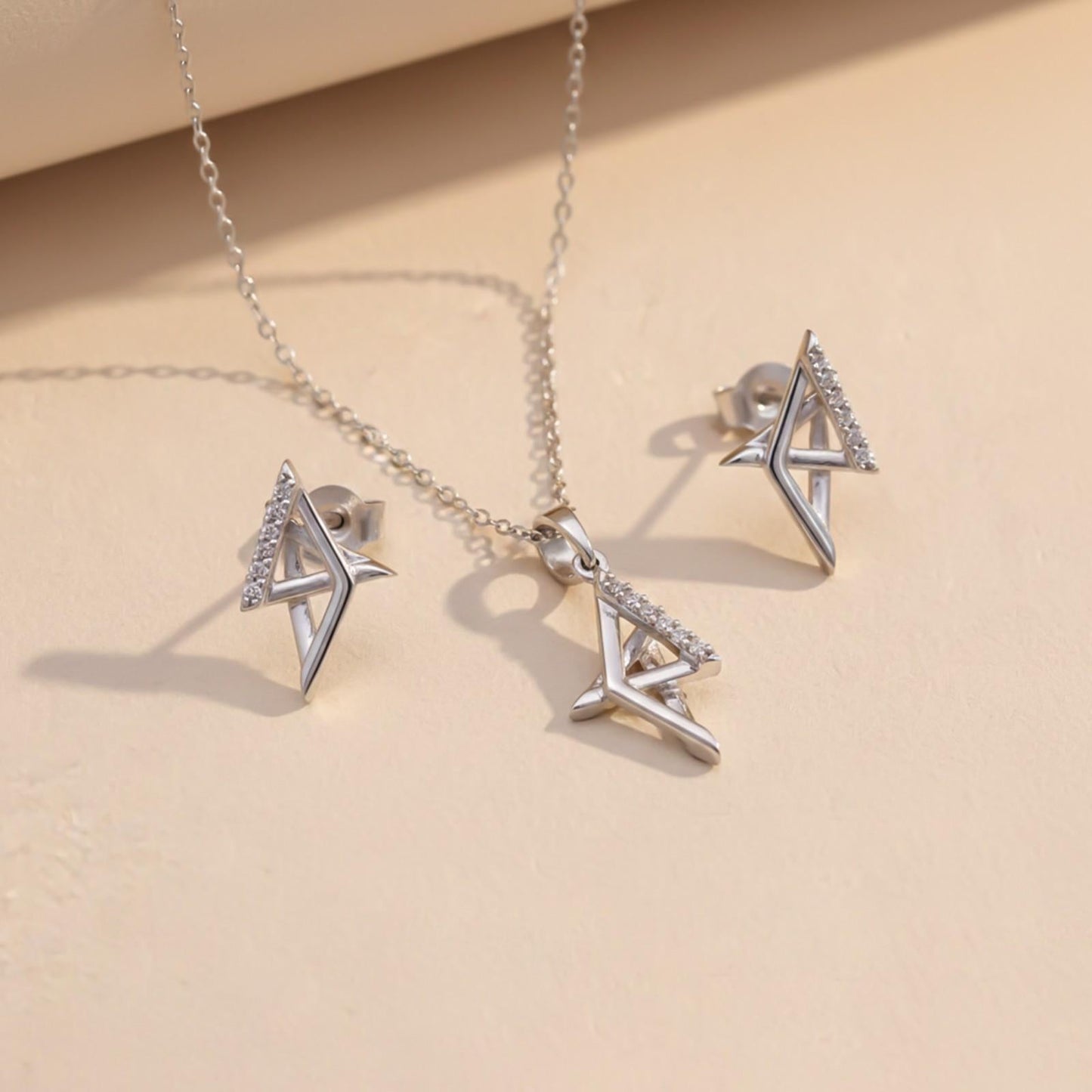 Silver Geometric Spark Triangle Pendant & Earrings Set