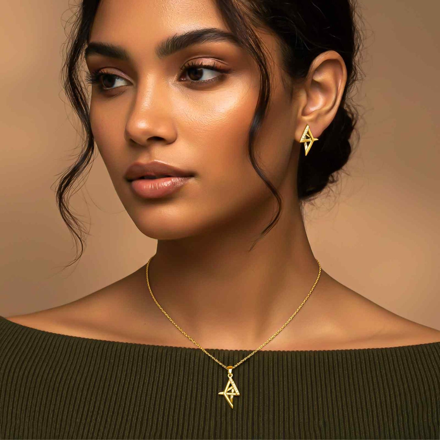 Silver Geometric Spark Triangle Pendant & Earrings Set