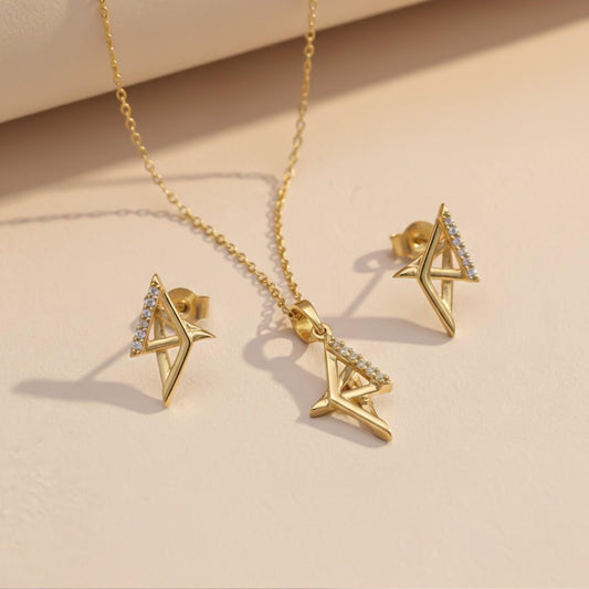 Silver Geometric Spark Triangle Pendant & Earrings Set