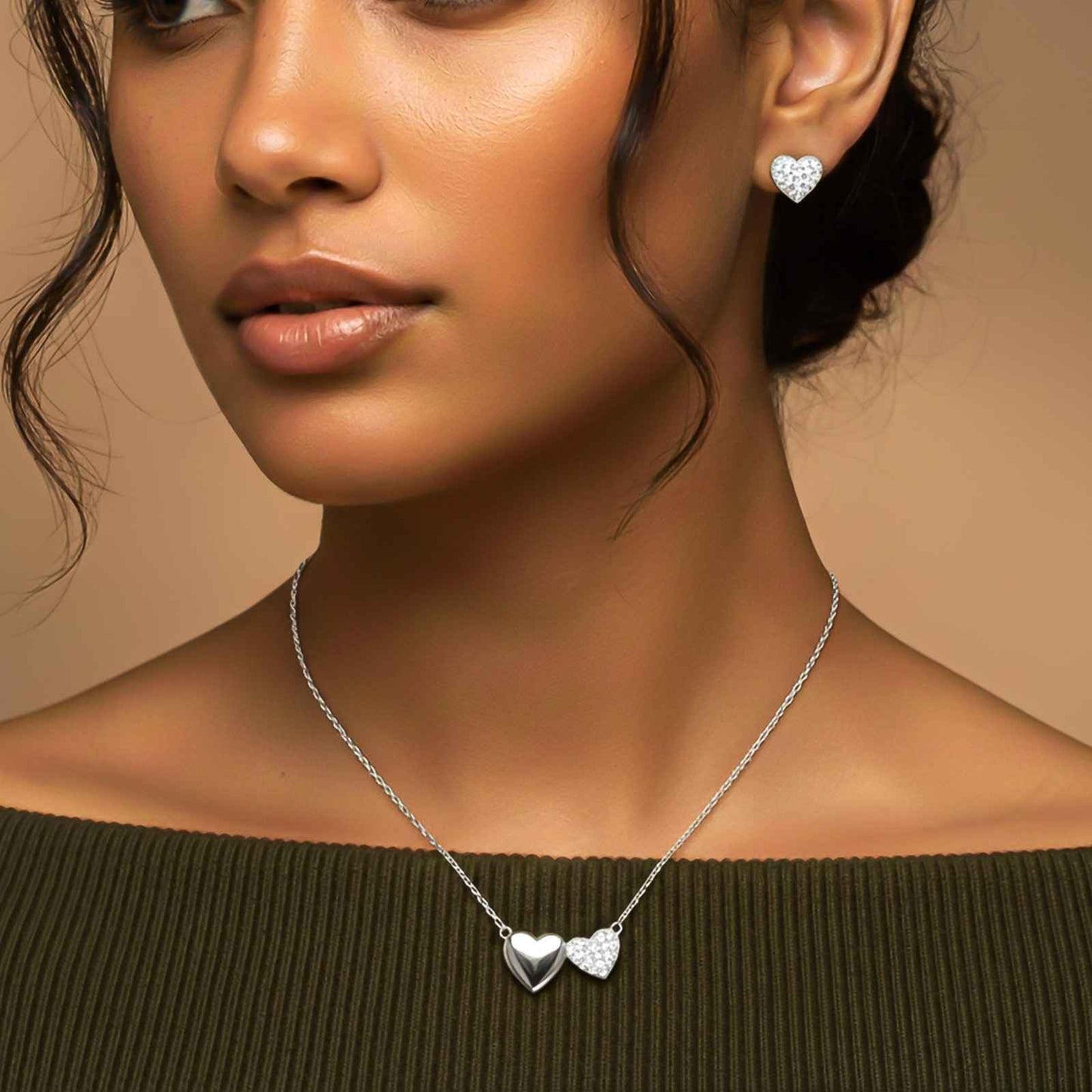 Silver Dual Heart Spark Pendant & Earrings Set