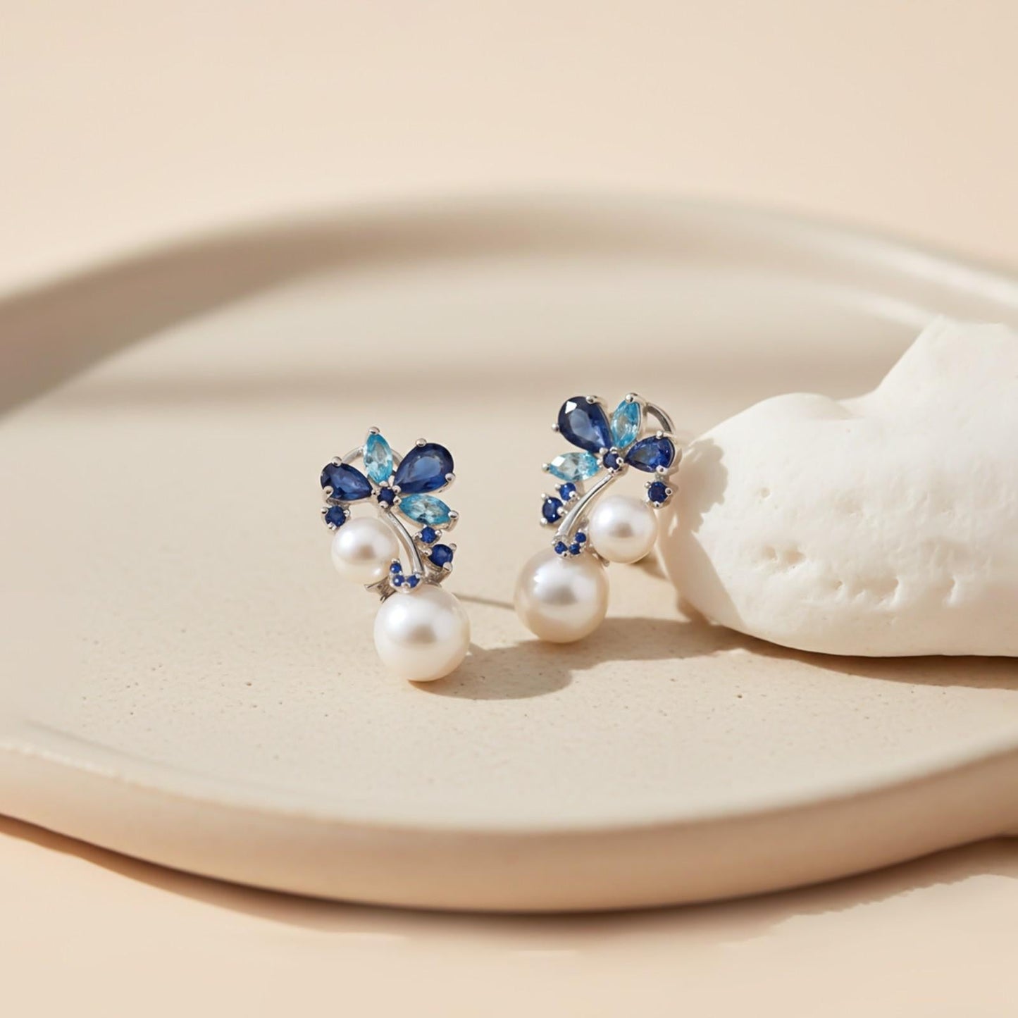 Silver Floral Pearl Drop Pendant & Earrings Set