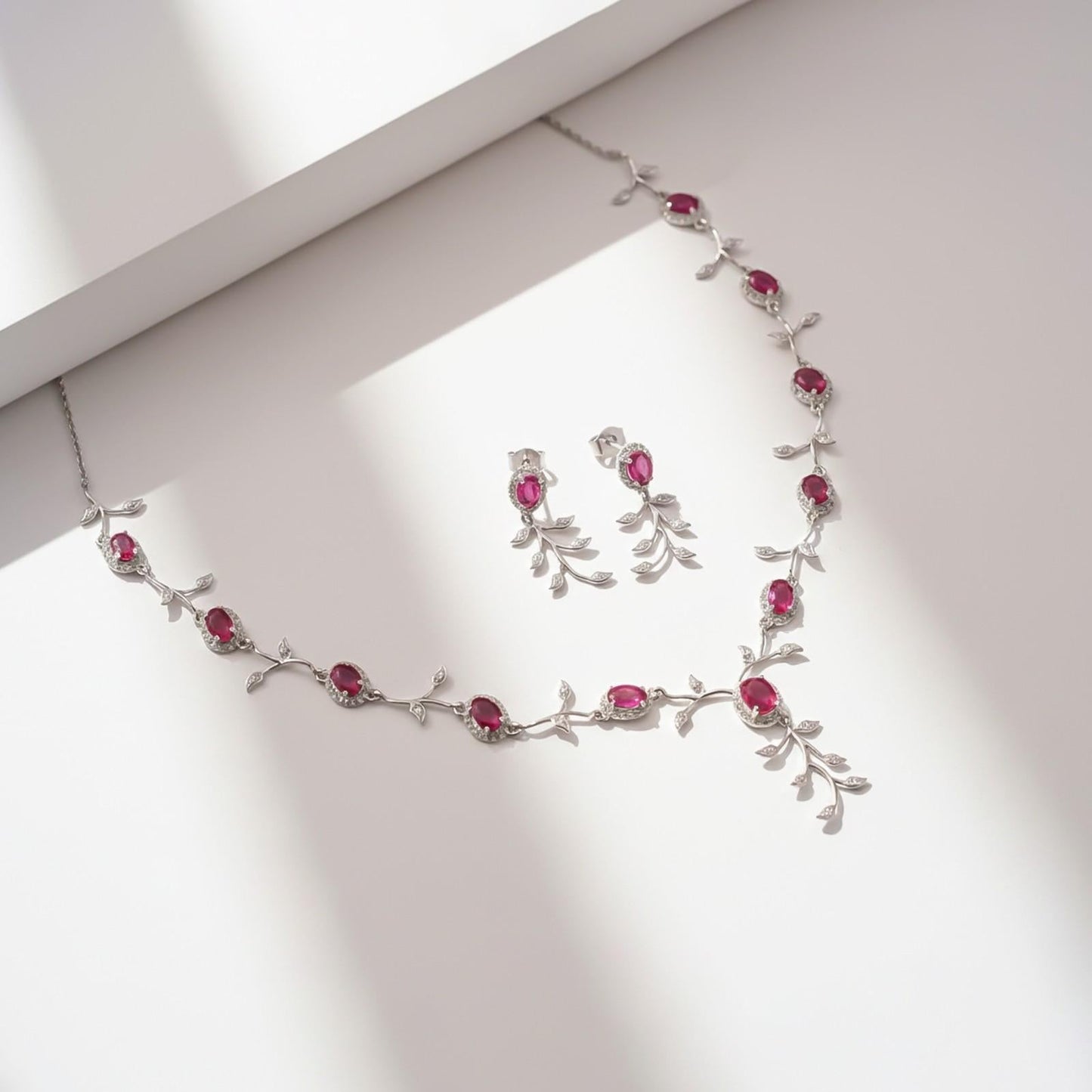 Silver Ruby Vine Floral Necklace & Earrings Set