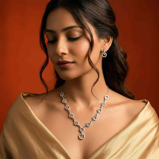 Silver Circular CZ Link Necklace & Earrings Set