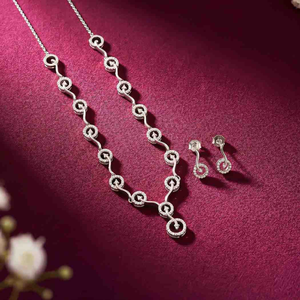 Silver Circular CZ Link Necklace & Earrings Set