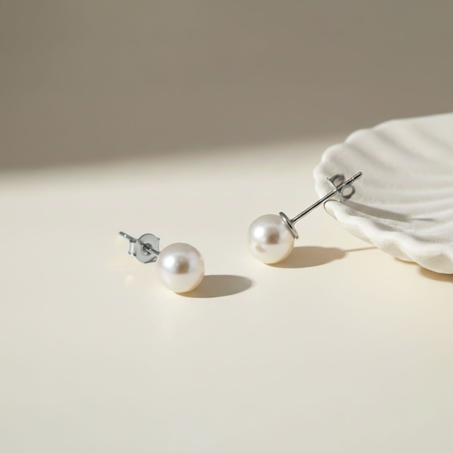 Silver Pearl Moon Stud Earrings