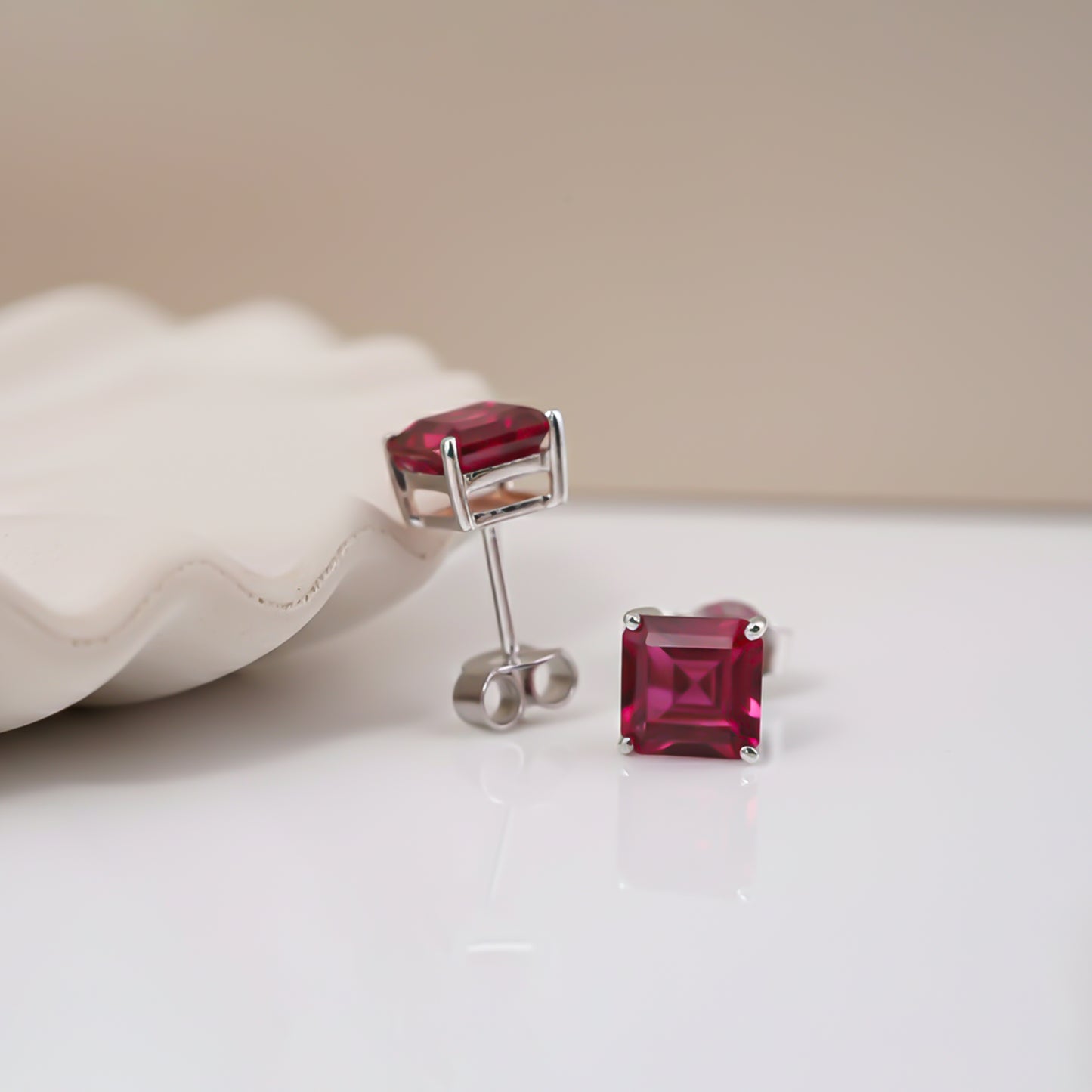 Silver Pink Ruby Solitaire Stud Earring