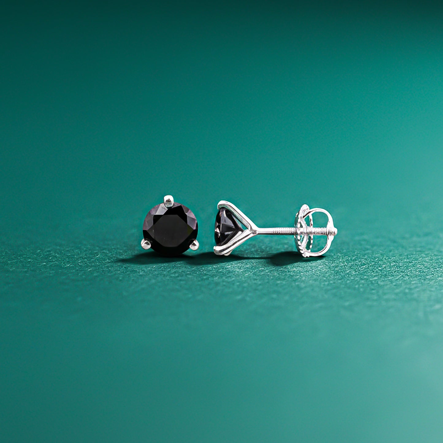 Silver Solitaire Black Diamond Stud Earrings