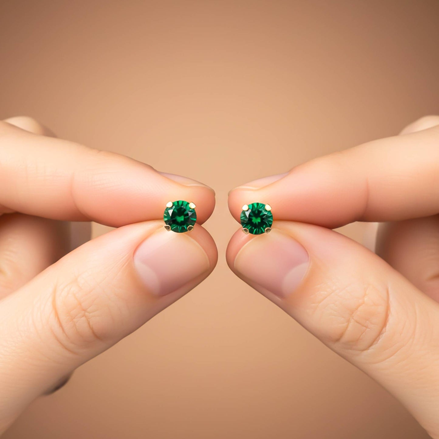 Silver Solitaire Green Emerald Stud Earrings