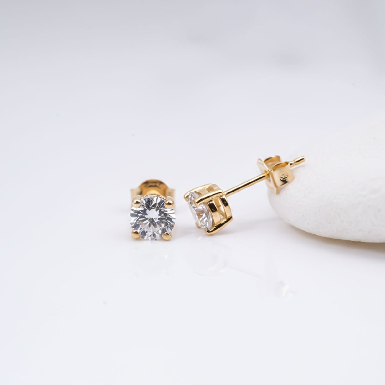 Sterling Silver 14K Yellow Gold Plated Diamond Solitaire Stud Earrings