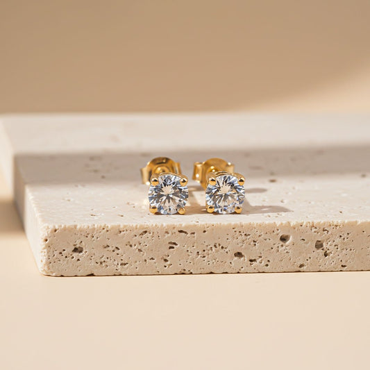 Sterling Silver 14K Yellow Gold Plated Diamond Solitaire Stud Earrings