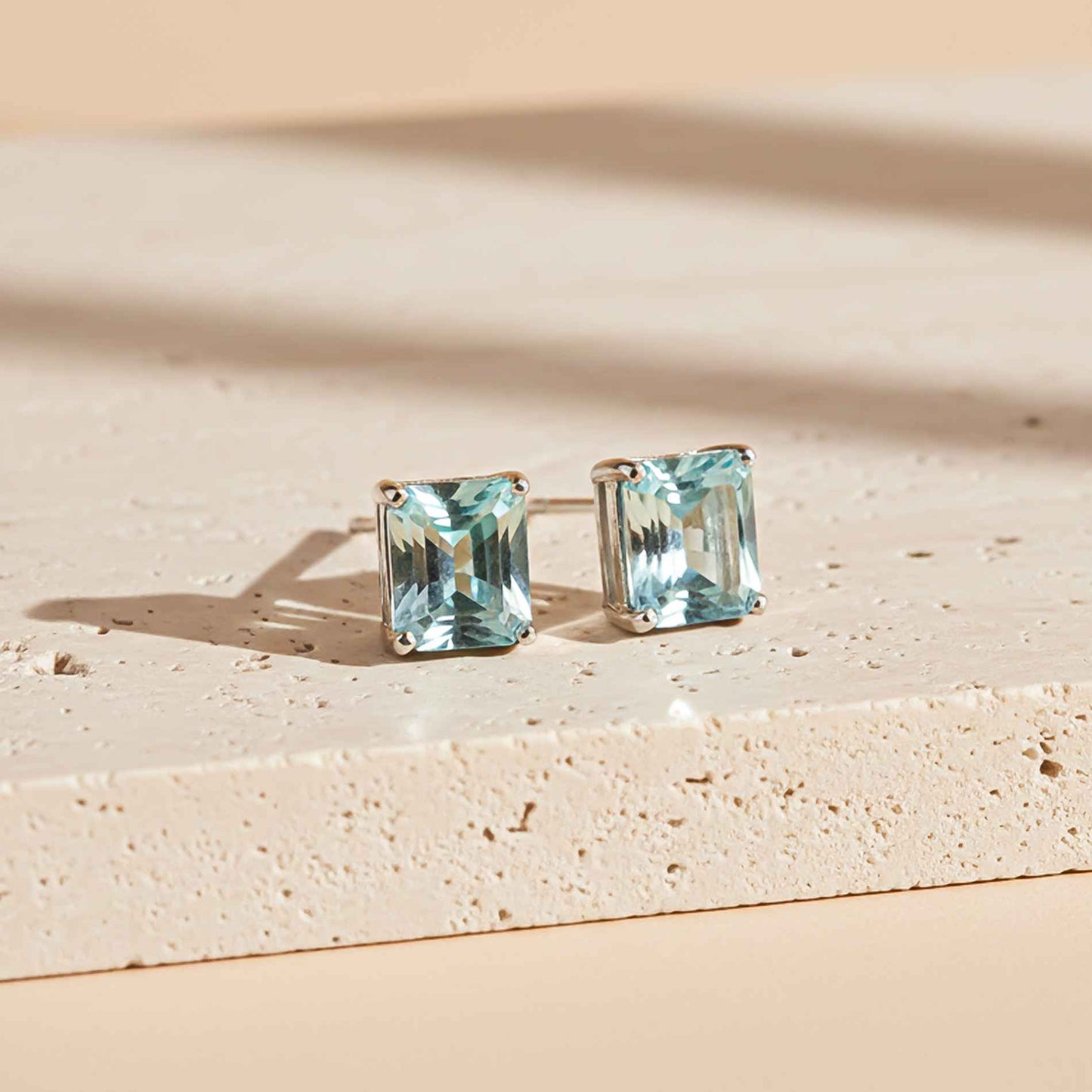 Silver Emerald Cut Aquamarine Solitaire Stud Earrings With 14K Gold Plated