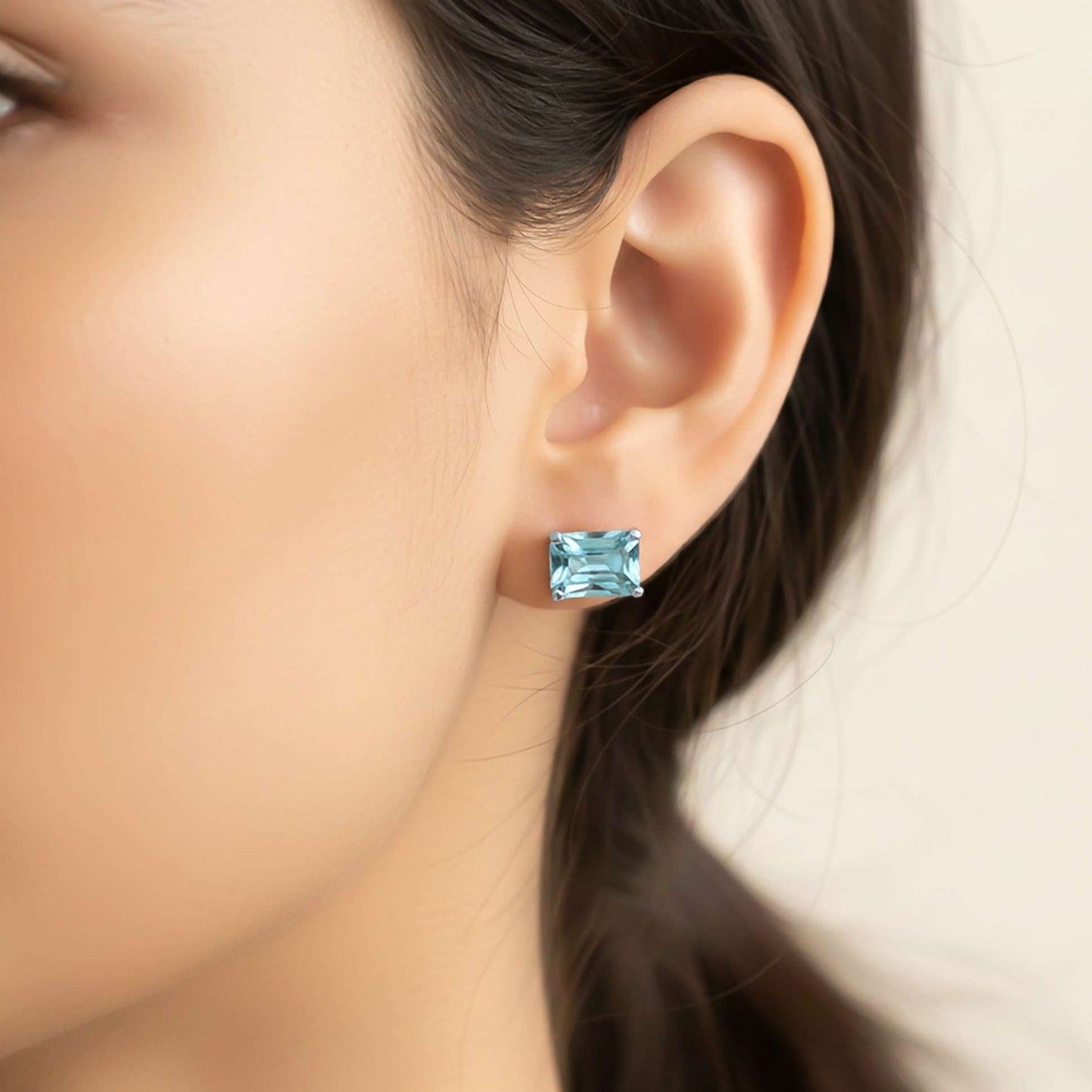Silver Emerald Cut Aquamarine Solitaire Stud Earrings With 14K Gold Plated