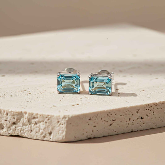 Silver Aqua Solitaire Stud Earrings