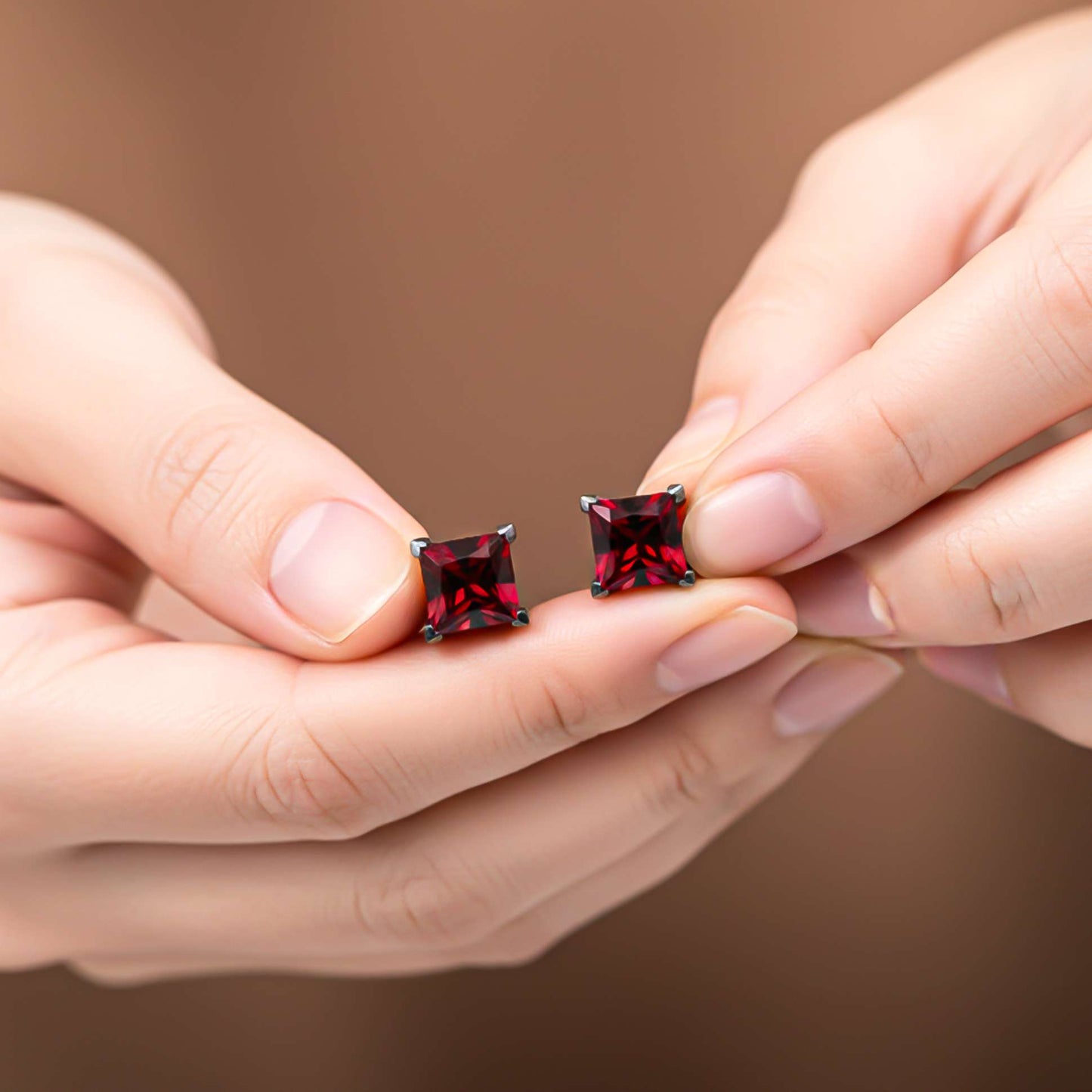Silver Square Red Garnet Stud Earrings