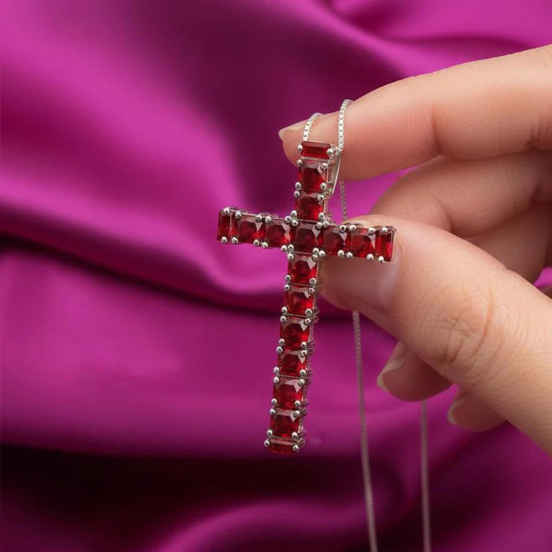 Silver Crimson Faith Ruby Cross Pendant Necklace For Her